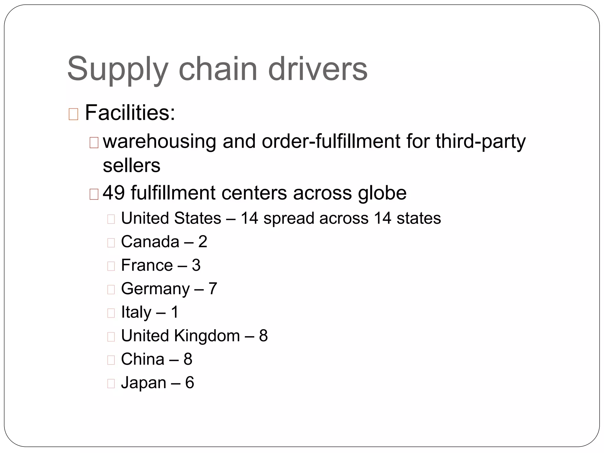Supply chain drivers
Facilities:
warehousing and order-fulfillment for third-party
sellers
49 fulfillment centers across globe
United States – 14 spread across 14 states
Canada – 2
France – 3
Germany – 7
Italy – 1
United Kingdom – 8
China – 8
Japan – 6
 