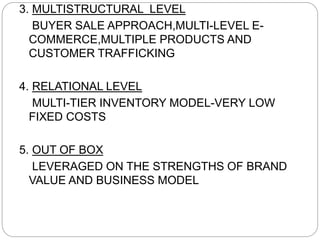 3. MULTISTRUCTURAL LEVEL
BUYER SALE APPROACH,MULTI-LEVEL E-
COMMERCE,MULTIPLE PRODUCTS AND
CUSTOMER TRAFFICKING
4. RELATIONAL LEVEL
MULTI-TIER INVENTORY MODEL-VERY LOW
FIXED COSTS
5. OUT OF BOX
LEVERAGED ON THE STRENGTHS OF BRAND
VALUE AND BUSINESS MODEL
 