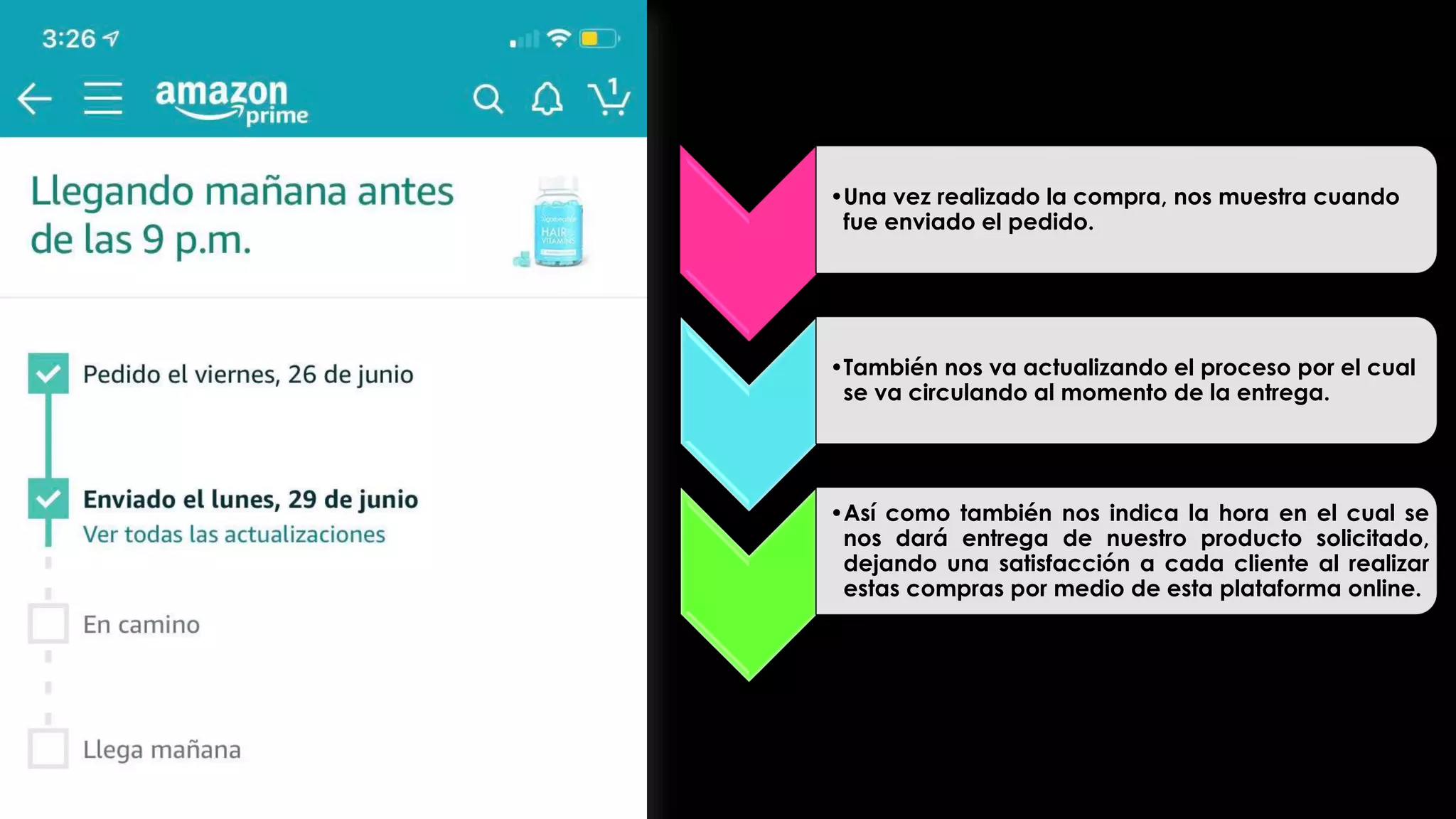 •Una vez realizado la compra, nos muestra cuando
fue enviado el pedido.
•También nos va actualizando el proceso por el cual
se va circulando al momento de la entrega.
•Así como también nos indica la hora en el cual se
nos dará entrega de nuestro producto solicitado,
dejando una satisfacción a cada cliente al realizar
estas compras por medio de esta plataforma online.
 