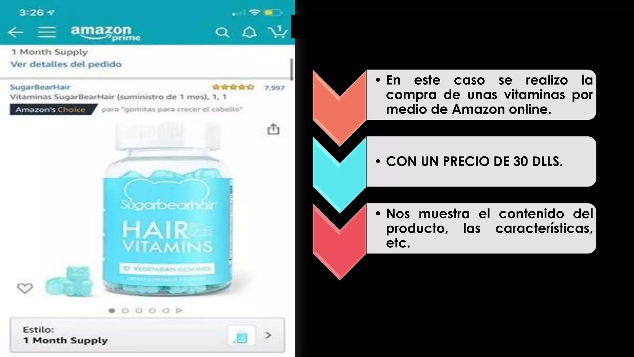 • En este caso se realizo la
compra de unas vitaminas por
medio de Amazon online.
• CON UN PRECIO DE 30 DLLS.
• Nos muestra el contenido del
producto, las características,
etc.
 