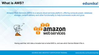 www.edureka.co/cloudcomputingEDUREKA AWS ARCHITECT CERTIFICATION TRAINING
What is AWS?
Amazon Web Services (AWS) is a secure cloud services platform, offering compute power, database
storage, content delivery and other functionality to help businesses scale and grow.
Having said that, let’s take a broader look at what AWS is, and see which Service Model it fits in.
 