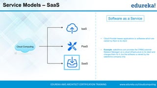 www.edureka.co/cloudcomputingEDUREKA AWS ARCHITECT CERTIFICATION TRAINING
Service Models – SaaS
IaaS
PaaS
SaaS
Cloud Computing
• Cloud Provider leases applications or softwares which are
owned by them to its client
• Example: salesforce.com provides the CRM(Customer
Relation Manager) on a cloud infrastructure to its client and
charges them for it, but the software is owned by the
salesforce company only
Software as a Service
 