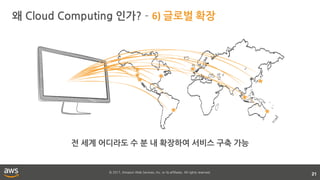 © 2017, Amazon Web Services, Inc. or its affiliates. All rights reserved.
왜 Cloud Computing 인가? – 6) 글로벌 확장
21
전 세계 어디라도 수 분 내 확장하여 서비스 구축 가능
 