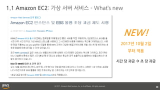 © 2017, Amazon Web Services, Inc. or its affiliates. All rights reserved.
1.1 Amazon EC2: 가상 서버 서비스 – What’s new
38
NEW!
2017년 10월 2일
부터 적용
시간 당 과금  초 당 과금
 