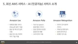 © 2017, Amazon Web Services, Inc. or its affiliates. All rights reserved.
5. 최신 AWS 서비스 – AI (인공지능) 서비스 소개
60
Amazon Lex Amazon Polly Amazon Rekognition
• Text-to-speech
음성 합성 서비스
• 일상 언어와 비슷한
음성으로 변환
• 24개 언어 지원
• 대화형 챗봇 서비스
(Alexa와 같은 기술)
• 음성 및 텍스트 입력
지원
• 음성 인식 및 자연어
처리 기술 적용
• 이미지 인식/분석
서비스
• 객체 및 장면 탐지
• 안면 분석/비교
• 유명인 인식 등
 