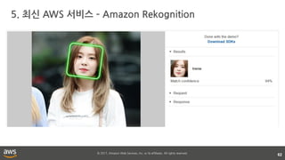 © 2017, Amazon Web Services, Inc. or its affiliates. All rights reserved.
5. 최신 AWS 서비스 – Amazon Rekognition
62
 