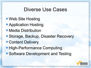 Diverse Use Cases
Web Site Hosting
Application Hosting
Media Distribution
Storage, Backup, Disaster Recovery
Content Delivery
High-Performance Computing
Software Development and Testing
 