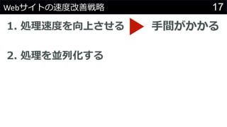 17Webサイトの速度改善戦略
1. 処理速度を向上させる
2. 処理を並列化する
手間がかかる
 