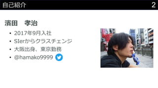 2自己紹介
濱田 孝治
• 2017年9月入社
• SIerからクラスチェンジ
• 大阪出身、東京勤務
• @hamako9999
 
