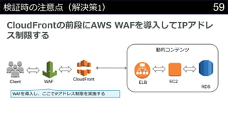 59検証時の注意点（解決策1）
CloudFrontの前段にAWS WAFを導入してIPアドレ
ス制限する
CloudFront
Client
動的コンテンツ
ELB EC2
RDS
WAFを導入し、ここでIPアドレス制限を実施する
WAF
 