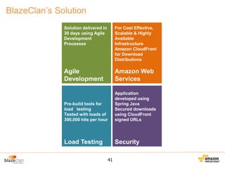 BlazeClan’s Solution
Solution delivered in
30 days using Agile
Development
Processes

For Cost Effective,
Scalable & Highly
Available
Infrastructure
Amazon CloudFront
for Download
Distributions

Agile
Development

Amazon Web
Services

Pre-build tools for
load testing
Tested with loads of
300,000 hits per hour

Application
developed using
Spring Java
Secured downloads
using CloudFront
signed URLs

Load Testing

Security
41

 