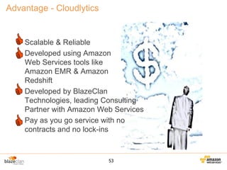 Advantage - Cloudlytics

• Scalable & Reliable
• Developed using Amazon
Web Services tools like
Amazon EMR & Amazon
Redshift
• Developed by BlazeClan
Technologies, leading Consulting
Partner with Amazon Web Services
• Pay as you go service with no
contracts and no lock-ins

53

 