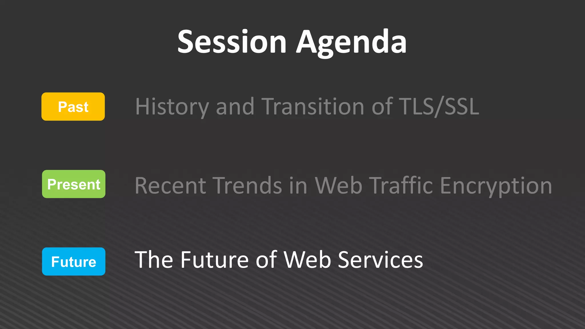 History and Transition of TLS/SSL
Session Agenda
Past
Present
Future
Recent Trends in Web Traffic Encryption
The Future of Web Services
 