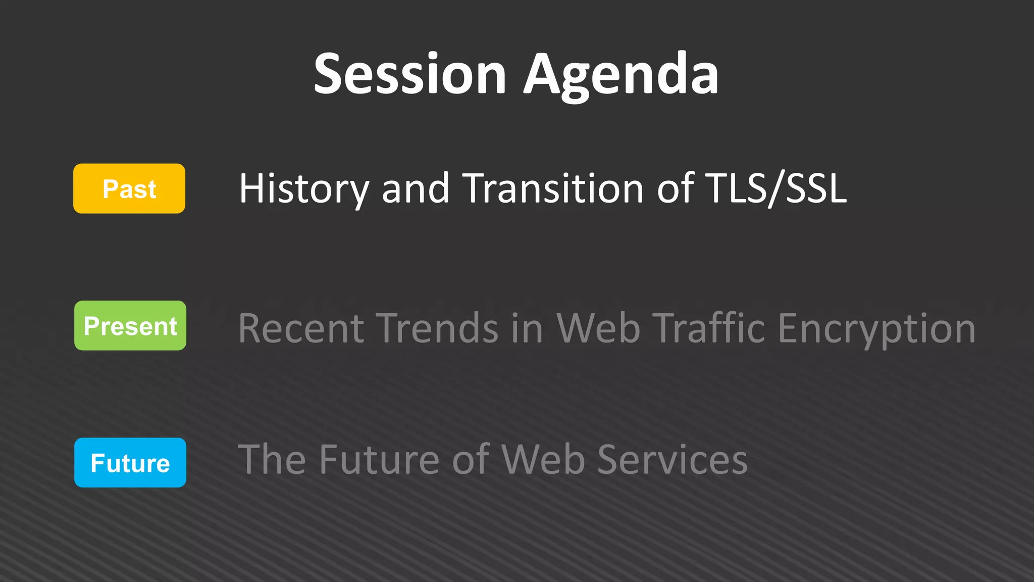 History and Transition of TLS/SSL
Session Agenda
Past
Present
Future
Recent Trends in Web Traffic Encryption
The Future of Web Services
 