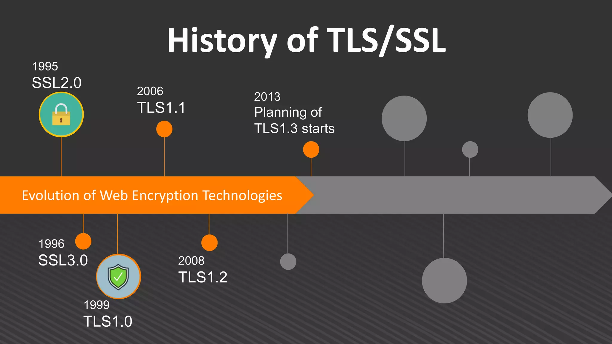 History of TLS/SSL
Evolution of Web Encryption Technologies
1995
SSL2.0
1996
SSL3.0
2006
TLS1.1
2008
TLS1.2
2013
Planning of
TLS1.3 starts
1999
TLS1.0
 