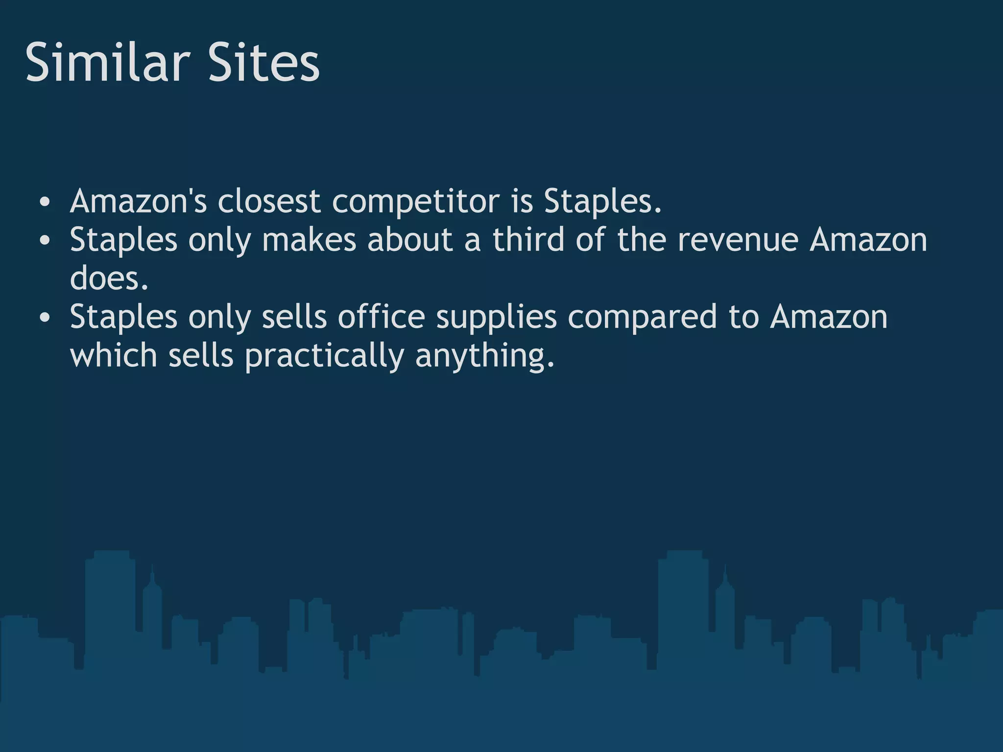 Similar Sites Amazon's closest competitor is Staples. Staples only makes about a third of the revenue Amazon does. Staples only sells office supplies compared to Amazon which sells practically anything. 