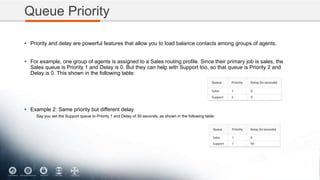 Queue Priority
• Priority and delay are powerful features that allow you to load balance contacts among groups of agents.
• For example, one group of agents is assigned to a Sales routing profile. Since their primary job is sales, the
Sales queue is Priority 1 and Delay is 0. But they can help with Support too, so that queue is Priority 2 and
Delay is 0. This shown in the following table:
• Example 2: Same priority but different delay
Say you set the Support queue to Priority 1 and Delay of 30 seconds, as shown in the following table:
 