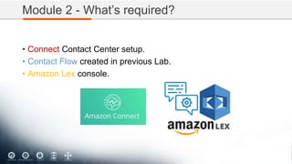 Module 2 - What’s required?
• Connect Contact Center setup.
• Contact Flow created in previous Lab.
• Amazon Lex console.
 
