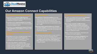 Proven Amazon Connect Experience
CloudHesive is an Amazon Web Services
Premier Partner(one of 50+ in US) with deep
expertise in Amazon Connect.
CloudHesive was a launch partner for Connect
and has implemented over 100 Connect projects
since its inception in 2018.
CloudHesive has implemented Amazon Connect
with Salesforce, ServiceNow and legacy CRM
systems.
Enterprise Contact Center and BPO
Experience
CloudHesive is led by a management team with a
wide array of contact center experience,
including CIO/CTO’s at large BPO’s, SaaS
providers and Fortune 500 companies.
Our team has worked in contact center
environments at customers like, Altria, Apple,
Avaya, Barnes and Noble, Carnival, Florida
Power and Light, GEICO, Marriott, Continuum
Global and SMS Assist(BPOs).
Our Amazon Connect Capabilities
Software Platform
CloudHesive’s Centricity platform provides
organizations with features not native to Amazon
Connect, including wall boards and data
dashboards as well as a customized agent call
control interface that can be customized to meet
your needs.
Centricity helps operationalize your Amazon
Connect solution so that your internal team can
get the benefits of Connect with out having to be
a technical resource.
Contact Center in a Box
CloudHesive has worked with a number of BPO’s
and Contact Centers to leverage Amazon
Connect with the Amazon WorkSpaces product
to enable a work at home “Call Center in a
Box” service to easily build and deploy agents
in days to weeks.
Amazon Ecosystem Experience
Our team of certified AWS experts has designed
and implemented hundreds of AWS
environments for enterprise customers across
industries.
One of only a handful of AWS Premier
Consulting Partners in North and South
America, CloudHesive has demonstrated the
capabilities necessary to design, build, migrate
and manage complex AWS environments at
scale for enterprise clients.
Skilled in Amazon Personalize, Transcribe and
Contact Lens AI/ML platforms
Vast experience in Connect integration with
Kinesis, DynamoDB, Redshift, SES, S3,
Elasticsearch and other components.
 
