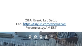Q&A, Break, Lab Setup
Lab: https://tinyurl.com/wcem2rw2
Resume 11:45 AM EST
 