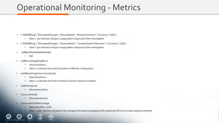 Operational Monitoring - Metrics
• [ "AWS/Billing", "EstimatedCharges", "ServiceName", "AmazonConnect", "Currency", "USD ]
• Value > 500 indicates change in usage pattern requiring further investigation
• [ "AWS/Billing", "EstimatedCharges", "ServiceName", " ContactCenterTelecomm ", "Currency", "USD ]
• Value > 500 indicates change in usage pattern requiring further investigation
• CallBackNotDialableNumber
• N/A
• CallRecordingUploadError
• Value should be 0
• Value > 0 indicates issue with S3 bucket or KMS key configuration
• CallsBreachingConcurrencyQuota
• Value should be 0
• Value > 0 indicates soft limit of Amazon Connect Instance exceeded
• CallsPerInterval
• Informational Only
• ConcurrentCalls
• Informational Only
• ConcurrentCallsPercentage
• Value should be < 50%
• Value > 50% indicates call pattern has changed and needs investigated, with a potential soft limit increase request submitted
 