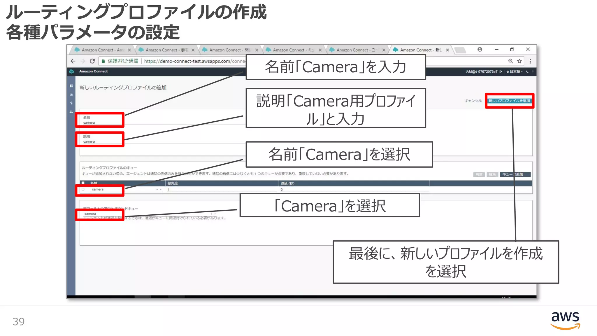 ルーティングプロファイルの作成
各種パラメータの設定
39
最後に、新しいプロファイルを作成
を選択
名前「Camera」を⼊⼒
名前「Camera」を選択
「Camera」を選択
説明「Camera⽤プロファイ
ル」と⼊⼒
 