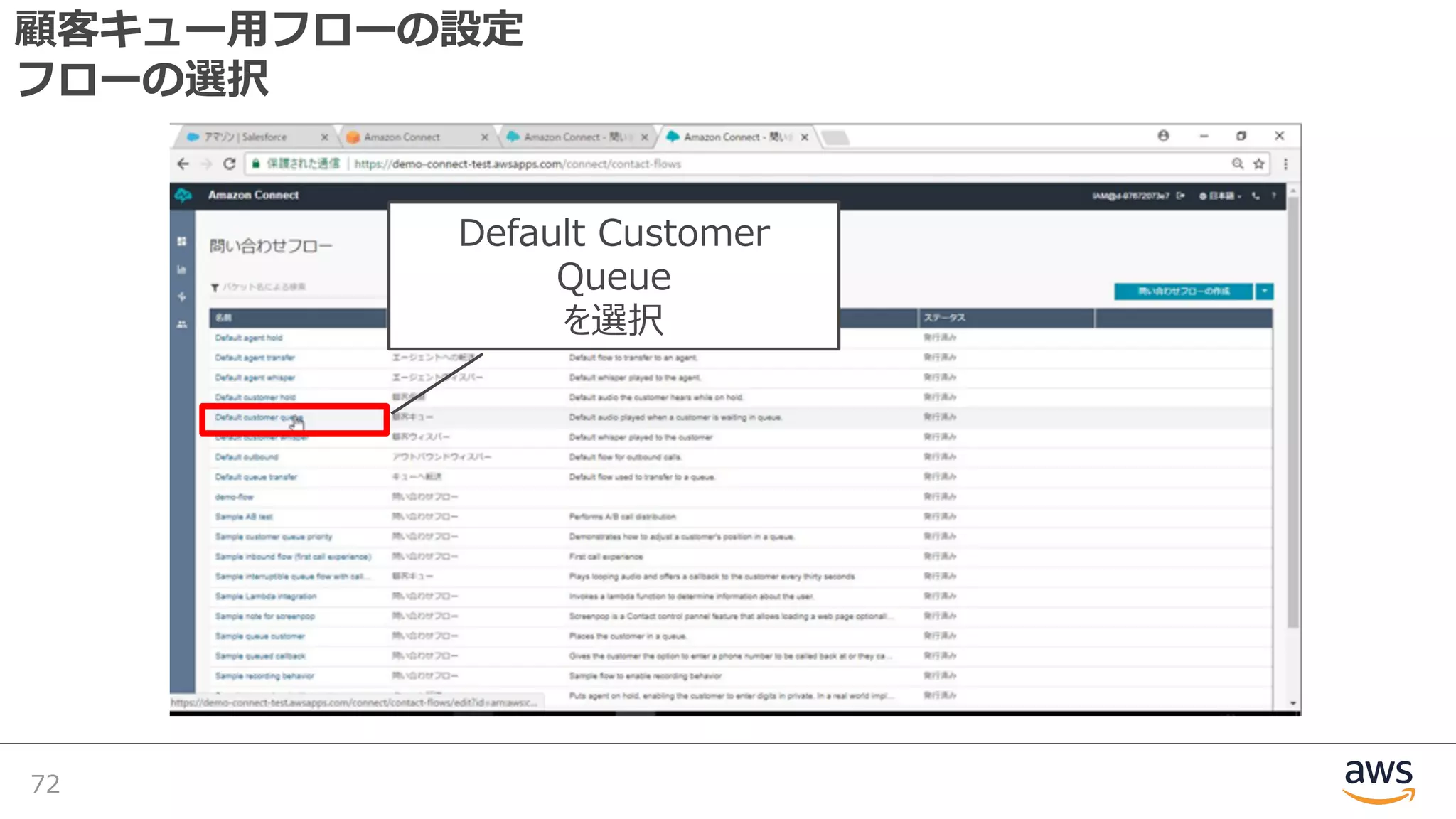 顧客キュー⽤フローの設定
フローの選択
72
Default Customer
Queue
を選択
 