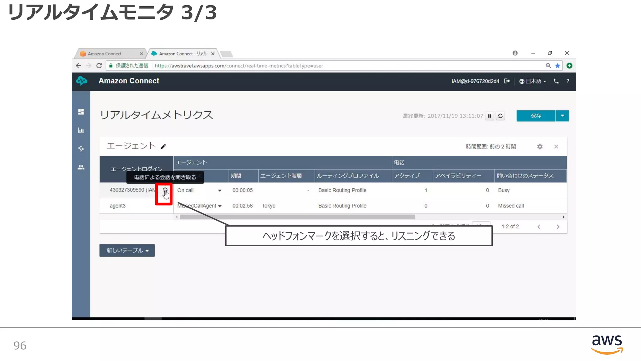 リアルタイムモニタ 3/3
96
ヘッドフォンマークを選択すると、リスニングできる
 
