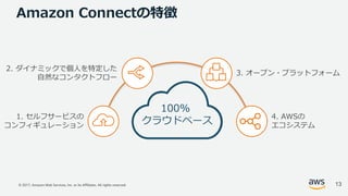 © 2017, Amazon Web Services, Inc. or its Affiliates. All rights reserved.
Amazon Connectの特徴
1. セルフサービスの
コンフィギュレーション
2. ダイナミックで個⼈を特定した
⾃然なコンタクトフロー
3. オープン・プラットフォーム
4. AWSの
エコシステム
100%
クラウドベース
13
 