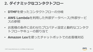 © 2017, Amazon Web Services, Inc. or its Affiliates. All rights reserved.
2. ダイナミックなコンタクトフロー
• DTMFを使ったコンタクトフローの分岐
• AWS Lambdaを利⽤した外部データベース/外部サービ
スの参照
• お客様の条件に合わせたプロパティ設定と動的なコンタク
トフローやキューの割り当て
• Amazon Lexを使ったチャットボットでのお客様対応
16
 