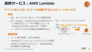 © 2017, Amazon Web Services, Inc. or its Affiliates. All rights reserved.
連携サービス：AWS Lambda
• 特徴
– OS、キャパシティ等インフラの管理不要
– S3、Kinesis、AmazonConnect等でのイベ
ント発⽣を元にユーザが⽤意したコード
（Node.js,Python,Java etc）を実⾏
– ユーザアプリからの同期/⾮同期呼び出し
• 価格体系
– コード実⾏時間（100ms単位）
– Lambdaファンクションへのリクエスト回数
– 1⽉あたり100万リクエスト、400,000GB/
秒が無料で利⽤可能
イベントをトリガーにコードを実⾏するコンピュートサービス
AWS LambdaAmazon S3 Bucket イベント
元画像 サムネイル画像
1
2
3
■イメージのリサイズやサムネイルの作成
32
 