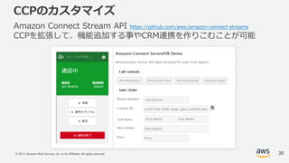 © 2017, Amazon Web Services, Inc. or its Affiliates. All rights reserved.
CCPのカスタマイズ
Amazon Connect Stream API https://github.com/aws/amazon-connect-streams
CCPを拡張して、機能追加する事やCRM連携を作りこむことが可能
38
 