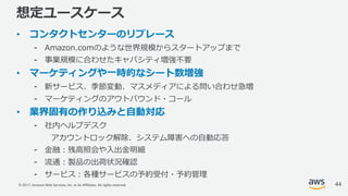 © 2017, Amazon Web Services, Inc. or its Affiliates. All rights reserved.
想定ユースケース
• コンタクトセンターのリプレース
⁃ Amazon.comのような世界規模からスタートアップまで
⁃ 事業規模に合わせたキャパシティ増強不要
• マーケティングや⼀時的なシート数増強
⁃ 新サービス、季節変動、マスメディアによる問い合わせ急増
⁃ マーケティングのアウトバウンド・コール
• 業界固有の作り込みと⾃動対応
⁃ 社内ヘルプデスク
アカウントロック解除、システム障害への⾃動応答
⁃ ⾦融：残⾼照会や⼊出⾦明細
⁃ 流通：製品の出荷状況確認
⁃ サービス：各種サービスの予約受付・予約管理
44
 