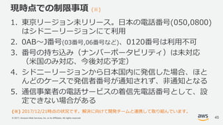 © 2017, Amazon Web Services, Inc. or its Affiliates. All rights reserved.
現時点での制限事項 (※)
1. 東京リージョン未リリース。⽇本の電話番号(050,0800)
はシドニーリージョンにて利⽤
2. 0AB〜J番号(03番号,06番号など)、0120番号は利⽤不可
3. 番号の持ち込み（ナンバーポータビリティ）は未対応
（⽶国のみ対応、今後対応予定）
4. シドニーリージョンから⽇本国内に発信した場合、ほと
んどのケースで発信者番号が通知されず、⾮通知となる
5. 通信事業者の電話サービスの着信先電話番号として、設
定できない場合がある
45
(※) 2017/12/21時点の状況です。解決に向けて開発チームと連携して取り組んでいます。
 