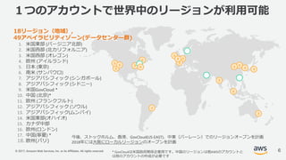 © 2017, Amazon Web Services, Inc. or its Affiliates. All rights reserved.
１つのアカウントで世界中のリージョンが利⽤可能
18リージョン（地域）,
49アベイラビリティゾーン(データセンター群)
1. ⽶国東部 (バージニア北部)
2. ⽶国⻄部 (北カリフォルニア)
3. ⽶国⻄部 (オレゴン)
4. 欧州 (アイルランド)
5. ⽇本 (東京)
6. 南⽶ (サンパウロ)
7. アジアパシフィック (シンガポール)
8. アジアパシフィック (シドニー)
9. ⽶国GovCloud *
10. 中国 (北京)*
11. 欧州 (フランクフルト)	
12. アジアパシフィック (ソウル)
13. アジアパシフィック(ムンバイ)	
14. ⽶国東部(オハイオ)
15. カナダ中部
16. 欧州(ロンドン)
17. 中国(寧夏)	*
18. 欧州(パリ)
6
今後、ストックホルム、⾹港、GovCloud(US-EAST)、中東（バーレーン）でのリージョンオープンを計画
2018年には⼤阪にローカルリージョンのオープンを計画
*	GovCloudは⽶国政府関係企業⽤です。中国のリージョンは他AWSのアカウントと
は別のアカウントの作成が必要です
 