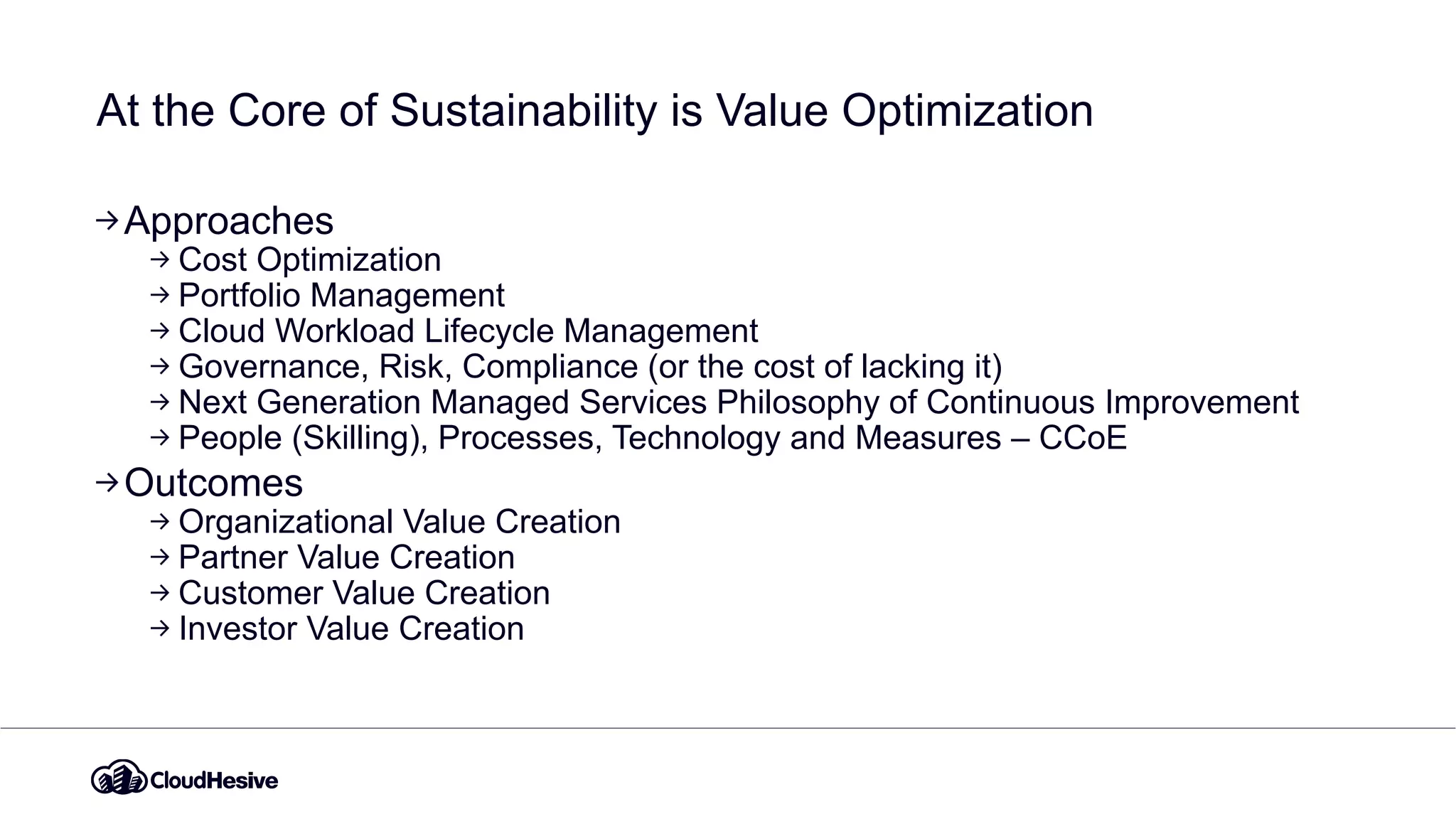 At the Core of Sustainability is Value Optimization
Approaches
Cost Optimization
Portfolio Management
Cloud Workload Lifecycle Management
Governance, Risk, Compliance (or the cost of lacking it)
Next Generation Managed Services Philosophy of Continuous Improvement
People (Skilling), Processes, Technology and Measures – CCoE
Outcomes
Organizational Value Creation
Partner Value Creation
Customer Value Creation
Investor Value Creation
 