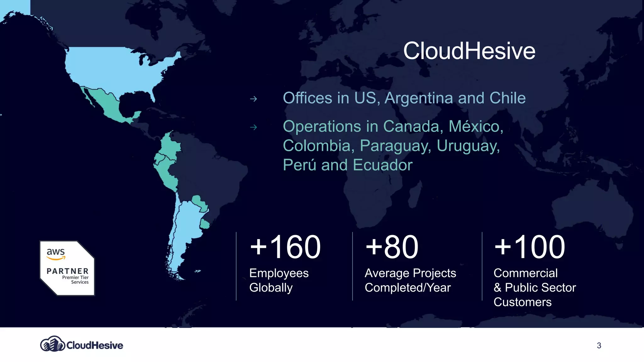 Offices in US, Argentina and Chile
Operations in Canada, México,
Colombia, Paraguay, Uruguay,
Perú and Ecuador
3
CloudHesive
+160
Employees
Globally
+80
Average Projects
Completed/Year
+100
Commercial
& Public Sector
Customers
 
