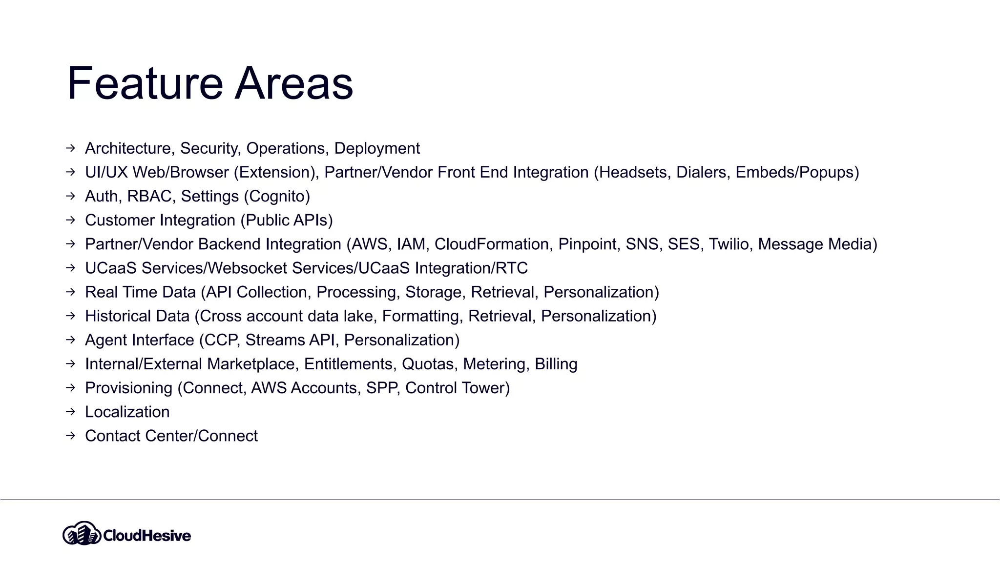 Feature Areas
Architecture, Security, Operations, Deployment
UI/UX Web/Browser (Extension), Partner/Vendor Front End Integration (Headsets, Dialers, Embeds/Popups)
Auth, RBAC, Settings (Cognito)
Customer Integration (Public APIs)
Partner/Vendor Backend Integration (AWS, IAM, CloudFormation, Pinpoint, SNS, SES, Twilio, Message Media)
UCaaS Services/Websocket Services/UCaaS Integration/RTC
Real Time Data (API Collection, Processing, Storage, Retrieval, Personalization)
Historical Data (Cross account data lake, Formatting, Retrieval, Personalization)
Agent Interface (CCP, Streams API, Personalization)
Internal/External Marketplace, Entitlements, Quotas, Metering, Billing
Provisioning (Connect, AWS Accounts, SPP, Control Tower)
Localization
Contact Center/Connect
 