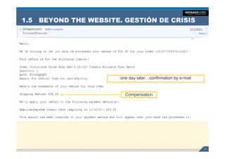 1.5     BEYOND THE WEBSITE. GESTIÓN DE CRISIS
….una semana después del plazo de
           entrega…
                 I claimed!!!        …and they answer…with an automatic response…
                                      and      answer with              response




                                            one day later…confirmation by e-mail
                                                  y                     y


                                                 Compensation
                                New delivery date      Compensation




                                                                                    11
 