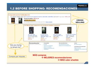 1.2 BEFORE SHOPPING: RECOMENDACIONES



                                                          CROSS
                                                         SELLING




 Are you trying
 to tempt me?



                     MÁS compras
Compra por impulso
                              MEJORES recomendaciones
                                           MÁS valor añadido
                                                                   5
 