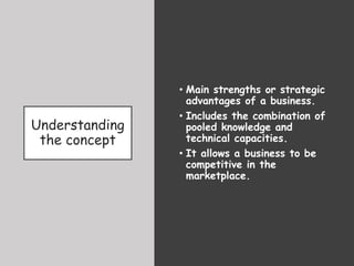 Understanding
the concept
• Main strengths or strategic
advantages of a business.
• Includes the combination of
pooled knowledge and
technical capacities.
• It allows a business to be
competitive in the
marketplace.
 