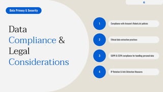 V
Data Privacy & Security
1
2
3
4
Compliance with Amazon’s Robots.txt policies
Ethical data extraction practices
GDPR & CCPA compliance for handling personal data
IP Rotation & Anti-Detection Measures
Data
Compliance &
Legal
Considerations
6
 