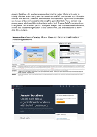 Amazon DataZone - It's a data management service that makes it faster and easier to
catalog, discover, share, and govern data stored across AWS, on-premises, and third-party
sources. With Amazon DataZone, administrators who oversee an organization's data assets
can manage and govern access to data using fine-grained controls. These controls help
ensure access with the right level of privilege and context. Amazon DataZone makes it easy
for engineers, data scientists, product managers, analysts, and business users to share and
access data across the organization so they can discover, use, and collaborate to derive
data-driven insights.
 