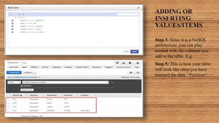 Step 3: Since it is a NoSQL
architecture, you can play
around with the columns you
add to the table. E.g.
Step 5: This is how your table
will look like once you have
inserted the data. “Position“.
Sumera Hangi 06
 