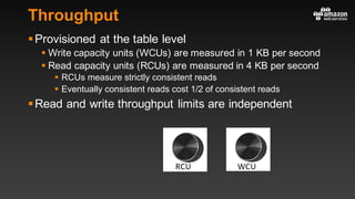 Throughput
§Provisioned at the table level
§ Write capacity units (WCUs) are measured in 1 KB per second
§ Read capacity units (RCUs) are measured in 4 KB per second
§ RCUs measure strictly consistent reads
§ Eventually consistent reads cost 1/2 of consistent reads
§Read and write throughput limits are independent
WCURCU
 