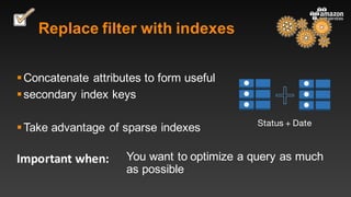 Important	when:
Replace filter with indexes
§Concatenate attributes to form useful
§secondary index keys
§Take advantage of sparse indexes
You want to optimize a query as much
as possible
Status + Date
 