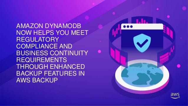AMAZON DYNAMODB
NOW HELPS YOU MEET
REGULATORY
COMPLIANCE AND
BUSINESS CONTINUITY
REQUIREMENTS
THROUGH ENHANCED
BACKUP FEATURES IN
AWS BACKUP
 