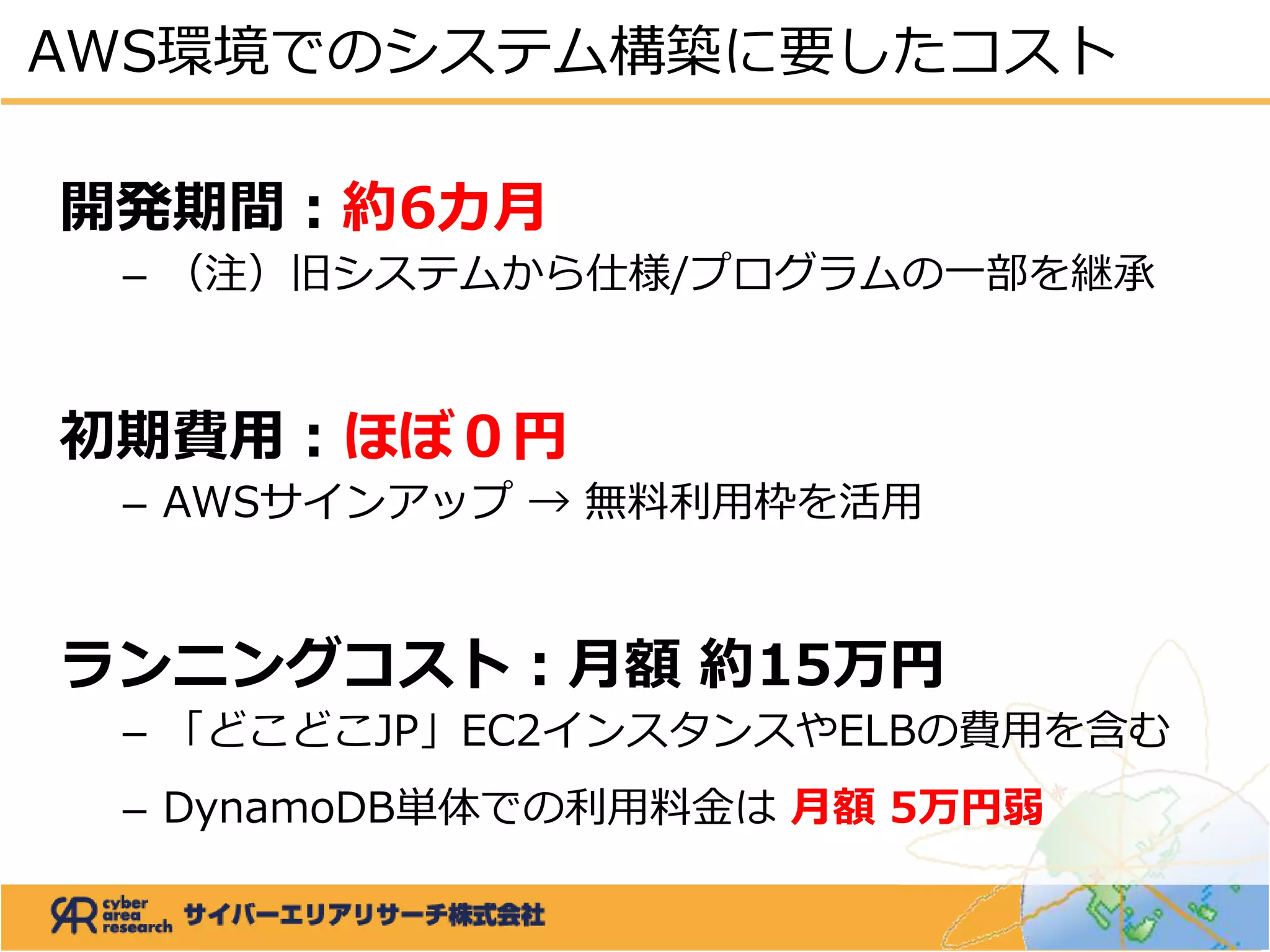 開発期間：約6カ月
– （注）旧システムから仕様/プログラムの一部を継承
初期費用：ほぼ０円
– AWSサインアップ → 無料利用枠を活用
ランニングコスト：月額 約15万円
– 「どこどこJP」EC2インスタンスやELBの費用を含む
– DynamoDB単体での利用料金は 月額 5万円弱
AWS環境でのシステム構築に要したコスト
 