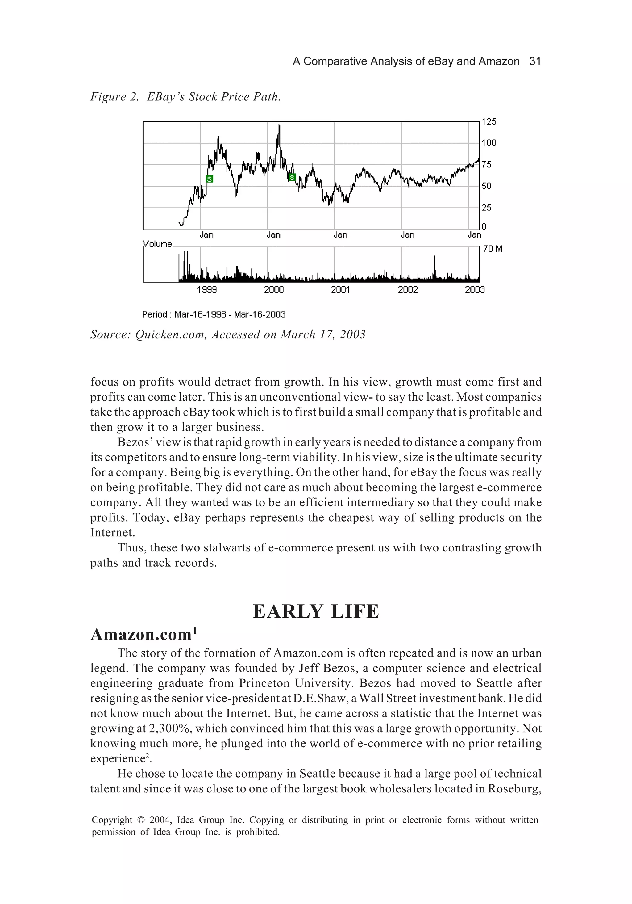 A Comparative Analysis of eBay and Amazon 31
Copyright © 2004, Idea Group Inc. Copying or distributing in print or electronic forms without written
permission of Idea Group Inc. is prohibited.
focus on profits would detract from growth. In his view, growth must come first and
profits can come later. This is an unconventional view- to say the least. Most companies
take the approach eBay took which is to first build a small company that is profitable and
then grow it to a larger business.
Bezos’ view is that rapid growth in early years is needed to distance a company from
its competitors and to ensure long-term viability. In his view, size is the ultimate security
for a company. Being big is everything. On the other hand, for eBay the focus was really
on being profitable. They did not care as much about becoming the largest e-commerce
company. All they wanted was to be an efficient intermediary so that they could make
profits. Today, eBay perhaps represents the cheapest way of selling products on the
Internet.
Thus, these two stalwarts of e-commerce present us with two contrasting growth
paths and track records.
EARLY LIFE
Amazon.com1
The story of the formation of Amazon.com is often repeated and is now an urban
legend. The company was founded by Jeff Bezos, a computer science and electrical
engineering graduate from Princeton University. Bezos had moved to Seattle after
resigning as the senior vice-president at D.E.Shaw, a Wall Street investment bank. He did
not know much about the Internet. But, he came across a statistic that the Internet was
growing at 2,300%, which convinced him that this was a large growth opportunity. Not
knowing much more, he plunged into the world of e-commerce with no prior retailing
experience2
.
He chose to locate the company in Seattle because it had a large pool of technical
talent and since it was close to one of the largest book wholesalers located in Roseburg,
Figure 2. EBay’s Stock Price Path.
Source: Quicken.com, Accessed on March 17, 2003
 