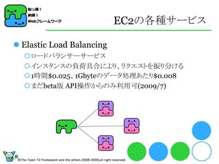 EC2の各種サービス

 Elastic Load Balancing
  ロードバランサーサービス
  インスタンスの負荷具合により、リクエストを振り分ける
  1時間$0.025、1Gbyteのデータ処理あたり$0.008
  まだbeta版 API操作からのみ利用可(2009/7)
 